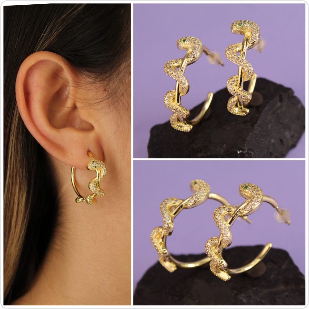 Stainless steel gold serpent hoop earrings